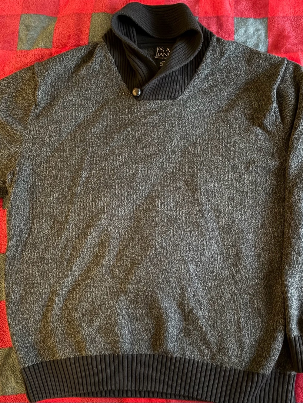 Jos. A. Bank Charcoal Marled Crewneck Sweater with Button Shawl Collar